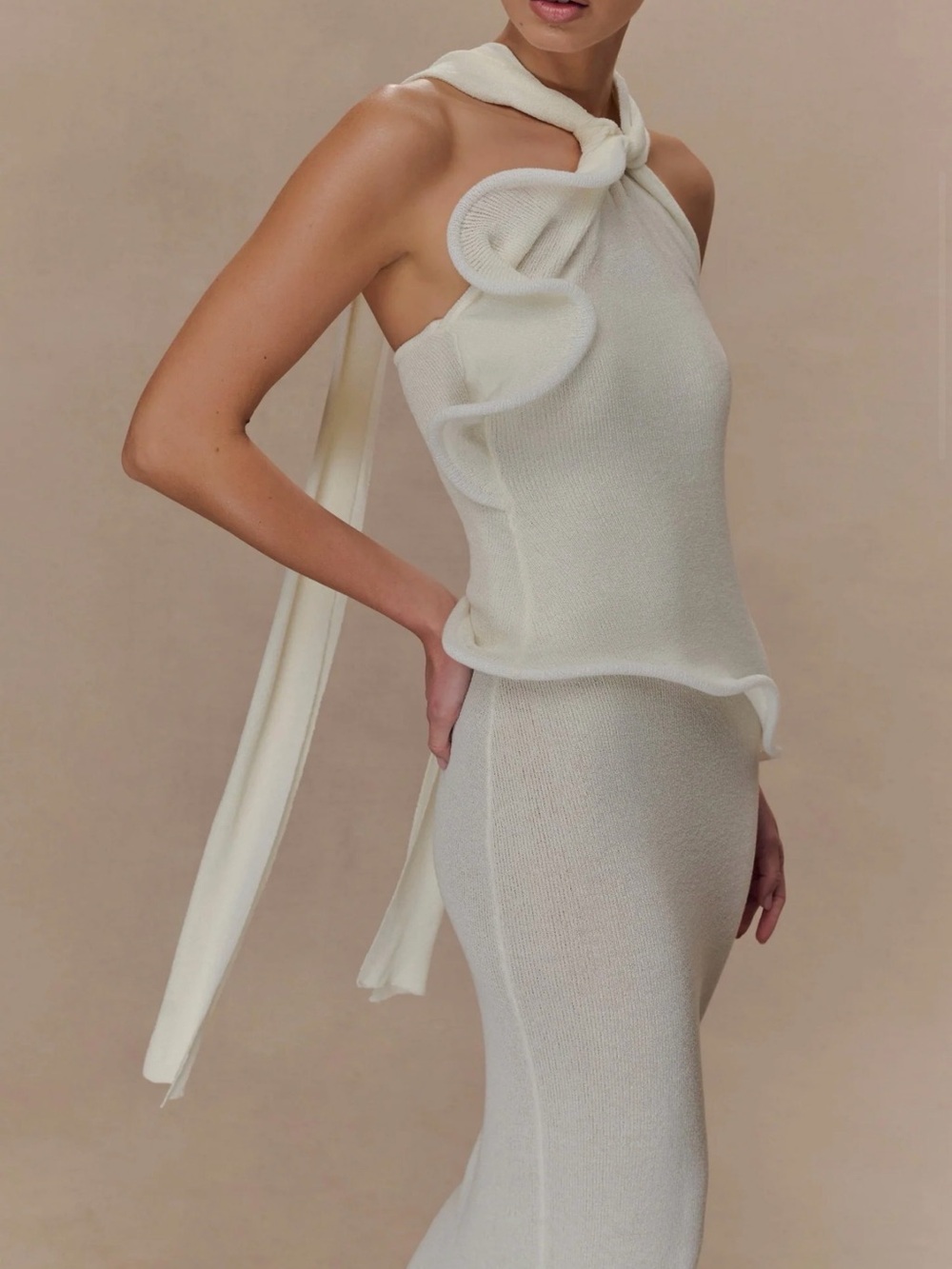 Meshki Ivory Halter Ruffle Maxi Dress - Picture 9 of 14